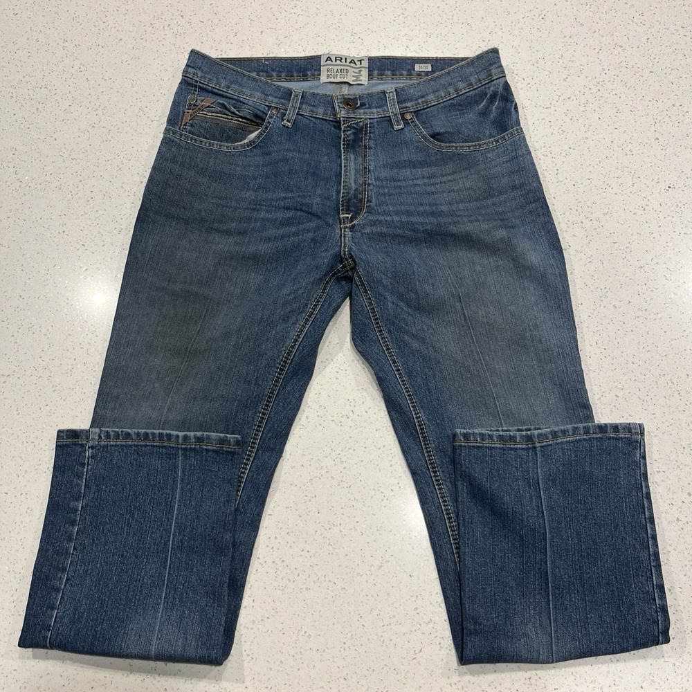 Ariat Jeans M4 Relaxed Boot Cut 33x30 Heavy Stitch Medium Wash Blue Mens Denim